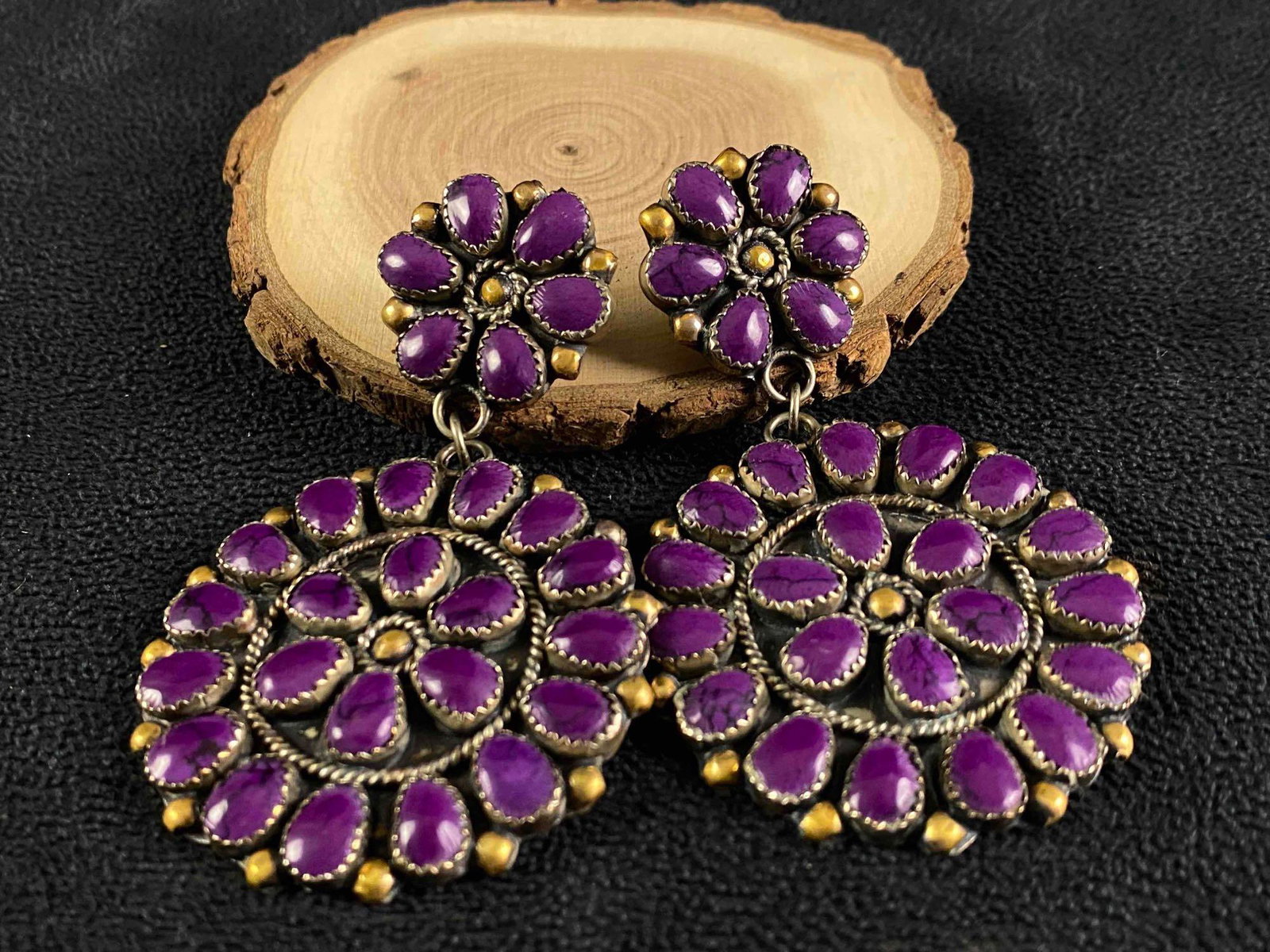 Vintage Navajo Orville Manygoats Purple Turquoise Cluster Sterling Earrings: This fine handmade authentic Native American piece has been tested and researched to the best of our knowledge .Please review all of our pictures prior to bidding,they are part of the description . Me
