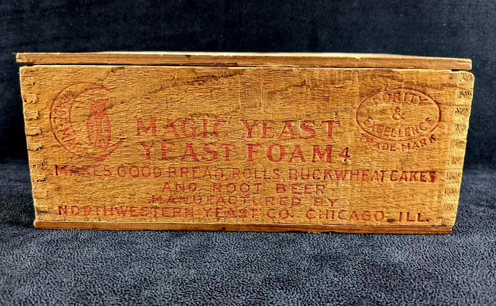 Antique Box Magic Yeast Yeast Foam Product Box: Antique Box Magic Yeast Yeast Foam Product Box This is an old wooden box with the product advertising itself, Magic Yeast Foam. This box has two of the company's trademarks and on the reverse says "Sc