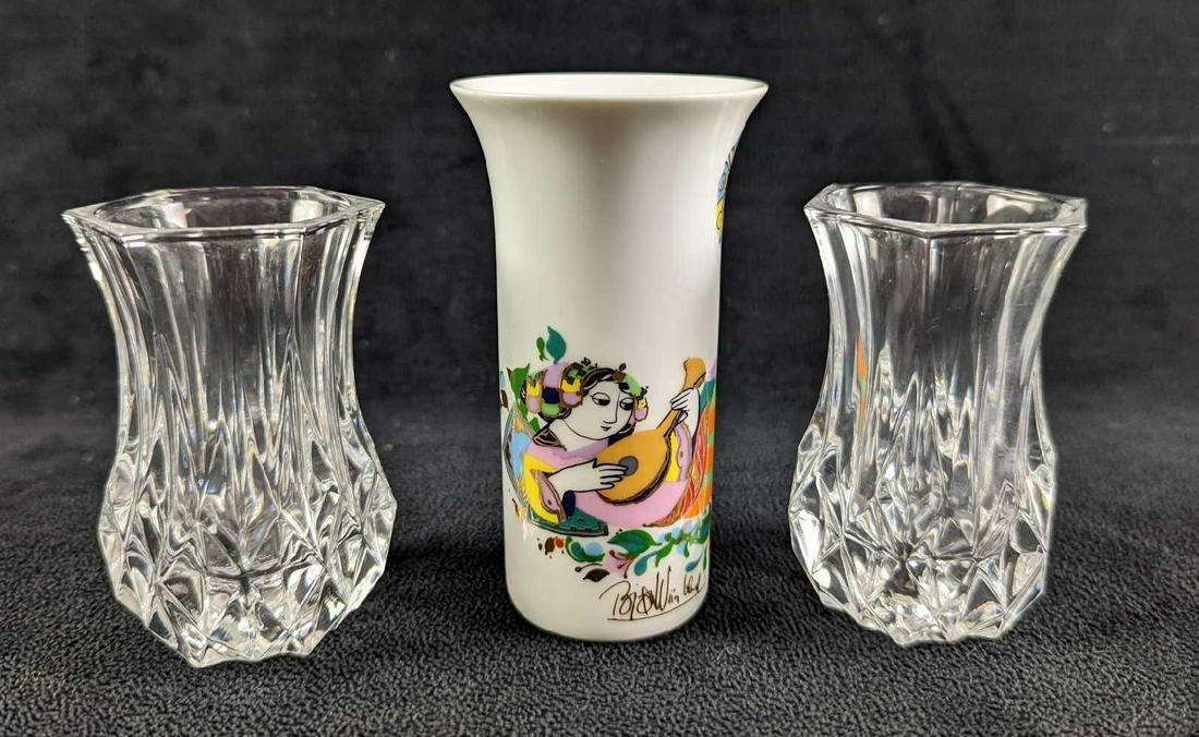 2 Crystal Mini Vases & German Rosenthal Vase: This lot includes: (2) Crystal Mini Vases (Or toothpick holders). Each is approx 2" x 2" x 3 1/4" and together they weigh 0.79lb. Both are in good, unused condition with no chips or cracks. (1) Rosent