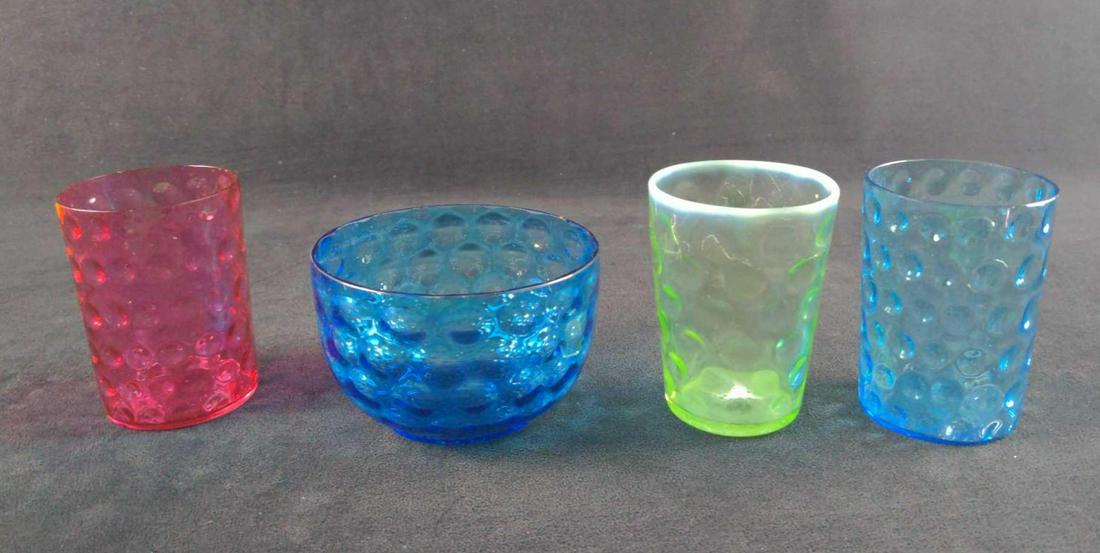 Four Vintage Coin Dot Small Drinking Glasses Bowl: This lot includes: (1) Cranberry. This is approx 2 3/4" x 2 3/4" x 4". (1) Green with frosted top. This is approx 3" x 3" x 4". Has scratches and some wear on the bottom. (1) Blue. Is approx 3" x 3" x