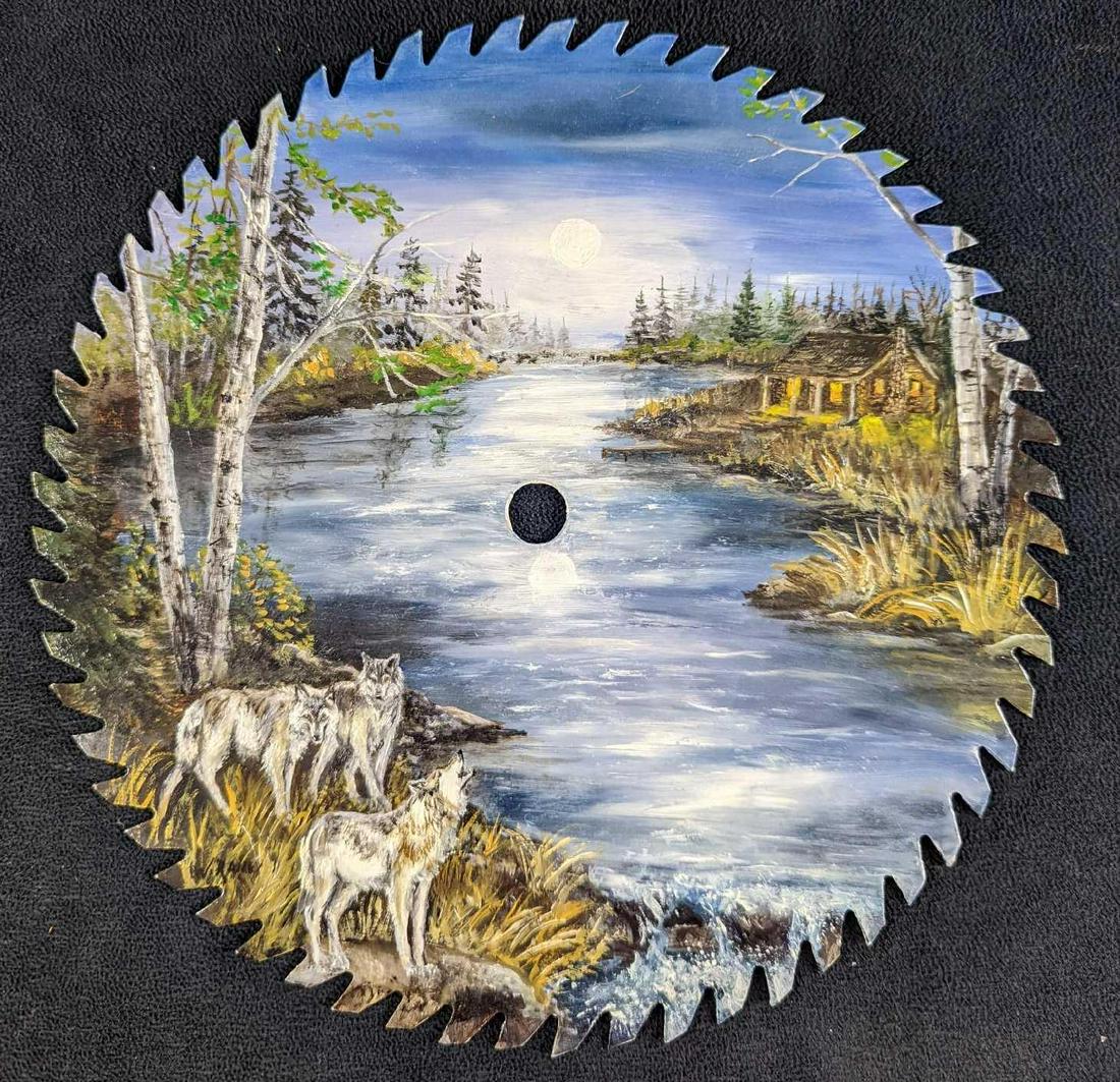 Hand Painted Saw Blade With Wolf Scene (1 of 5)