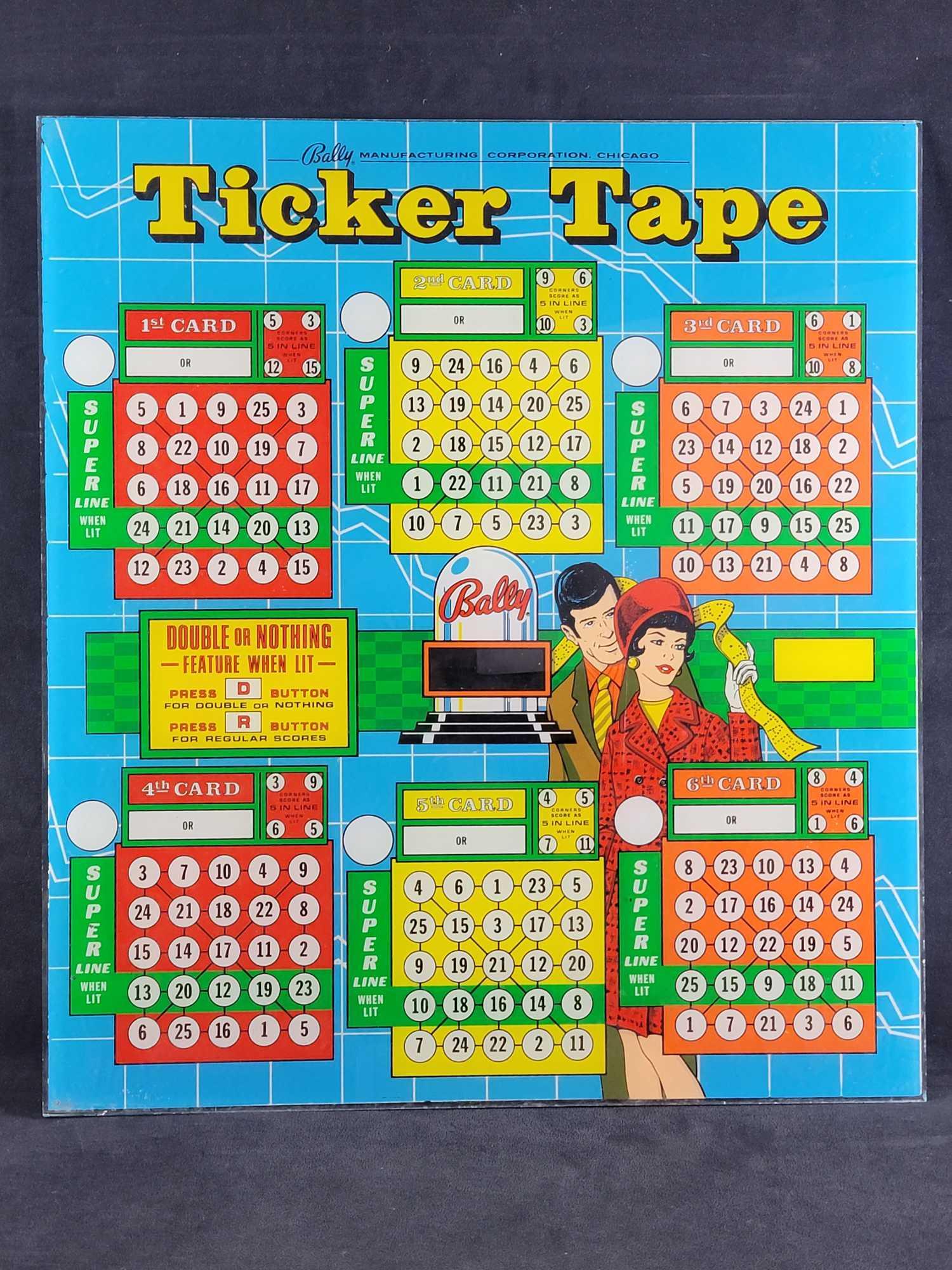 1970s Ticker Tape Bingo Pinball Backglass: 1970â€™s Ticker Tape (Bingo) Back glass for pinball machine. Made by Bally in Chicago USA. Years ago a protective clear adhesive paper was applied to the back to prevent any additional damage to