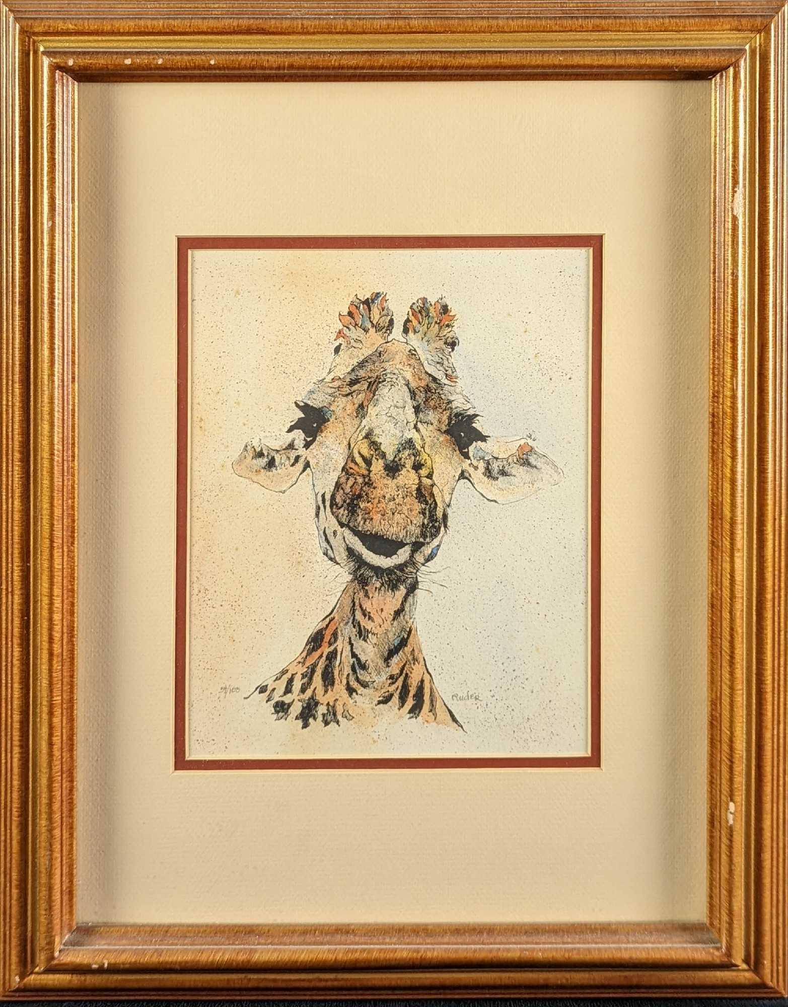 Patricia Giraffe LE Lithograph Print by Samuel Ruder: A signed limited edition lithograph by American artist Samuel Ruder (Cincinnati, Ohio) titled "Patricia" from 2007. It depicts a portrait of a giraffe against a neutral speckled backdrop. This print i