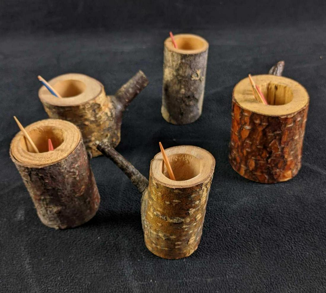 Rustic Wooden Tree Toothpick Holders: Rustic Wooden Tree Toothpick Holders This lot has five handcrafted wooden toothpick holders by artists Bill Brown. The toothpick holders have a Bil Brown stamp on the bottom of them. These toothpick h