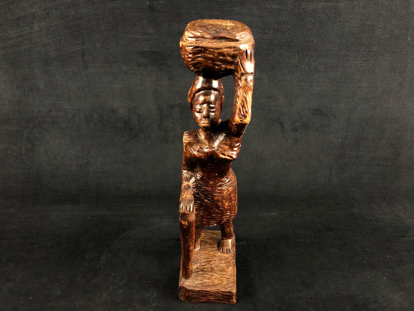 Vintage Hand Carved African Wood "Woman Holding A Basket " Statue Figure (1 of 7)