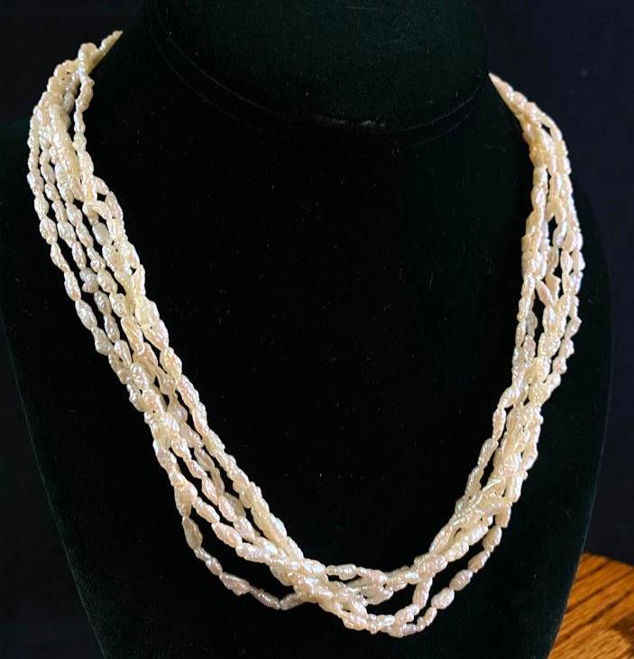 Multi-Strand Pearl Necklace: Multi-Strand Pearl Necklace All our jewelry is tested and researched prior to posting. Please view all our pictures they are part of our description. DETAILS : Metal - Gold Plated Color - white, gold 