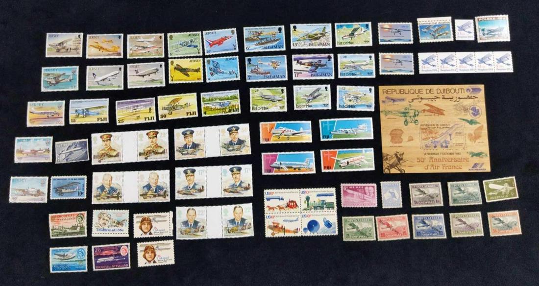 Travel Stamps From All Over The World Lot Of 69: This lot of stamps includes: (8) Fiji Airplane Stamps. Celebrating The Air Service. From 4 to 30 Cent Stamps. (13) Jersey Airline Stamps. Celebrating Airports. Stamps from 4 to Pence To 31 Pence. (9) 