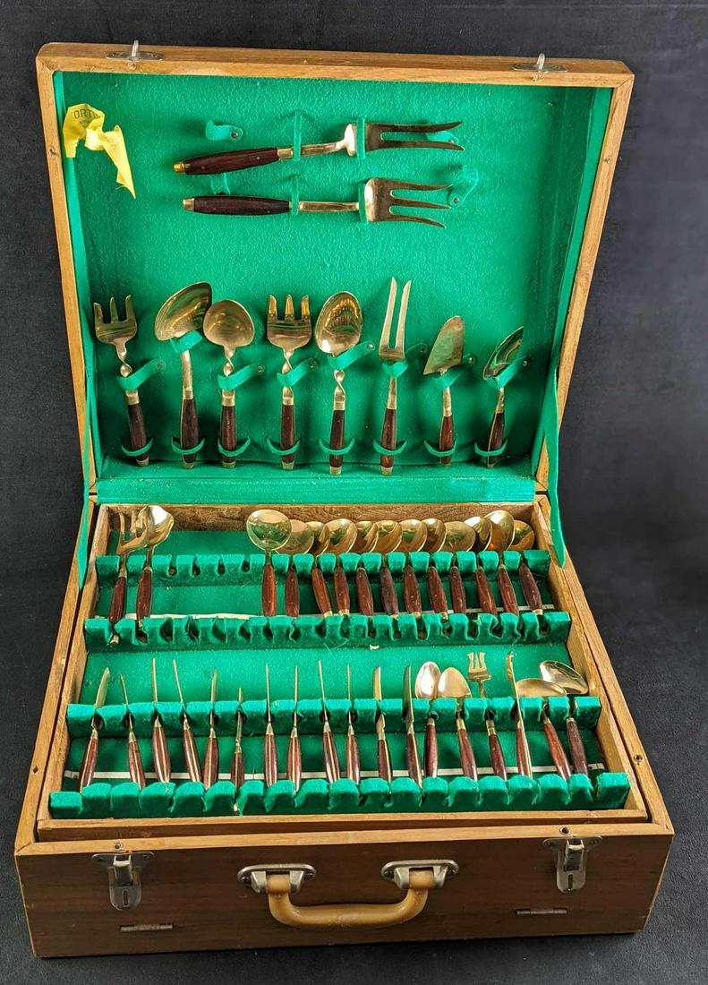 159 Pc Mid Century Modern Thai Brass Rosewood Flatware With Box (1 of 14)