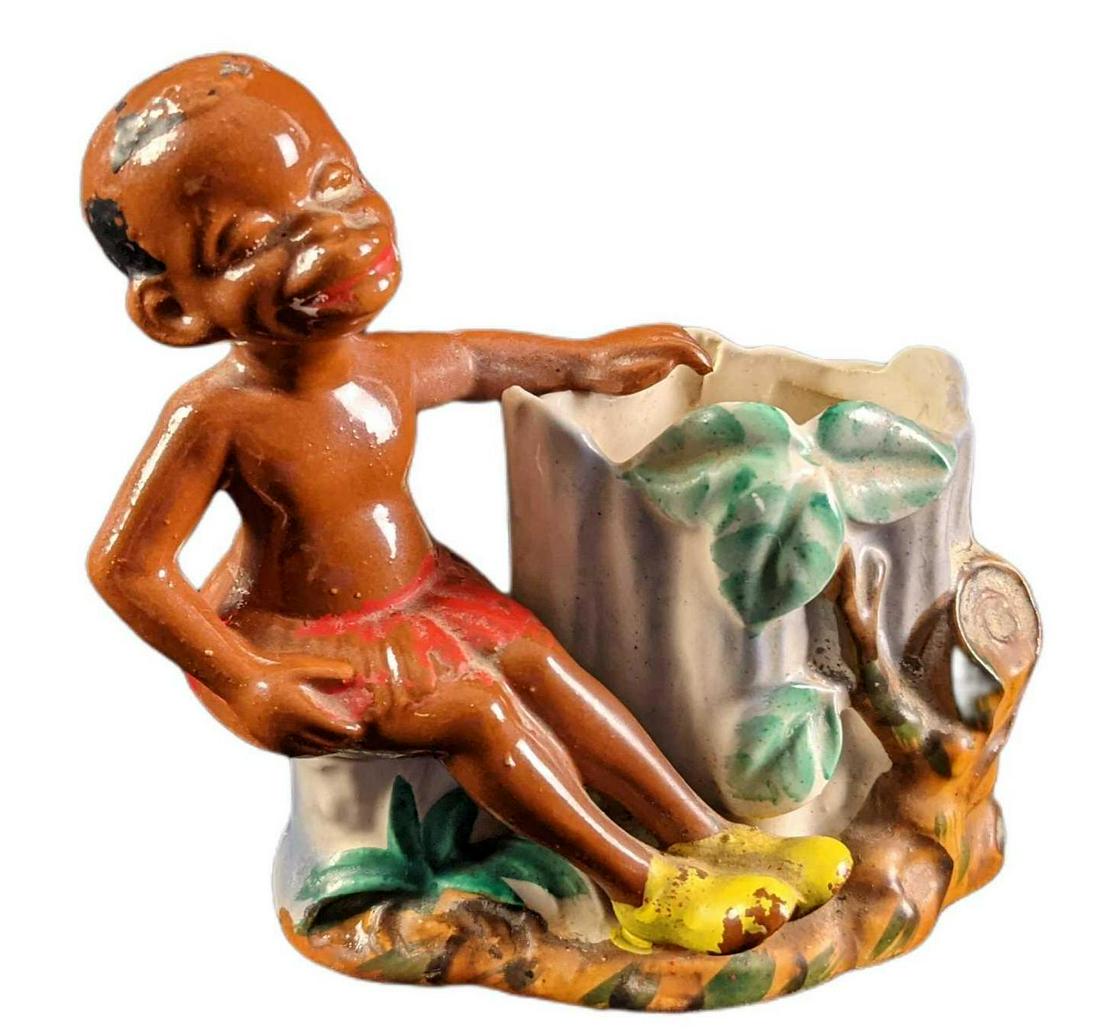 Vintage Ceramic Little Black Boy With Tree Stump Vase Black Americana (1 of 6)