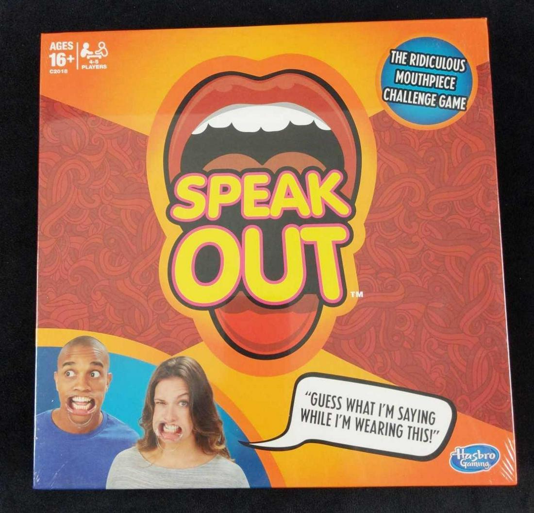Speak Out Hasbro Board Game Mouthpiece: Hilarious fun for family and friends. Mouthpiece makes speech sound ridiculous. Includes 200 double-sided cards for lots of phrases. Includes 5 mouthpieces, 200 double-sided cards, timer, and instruct