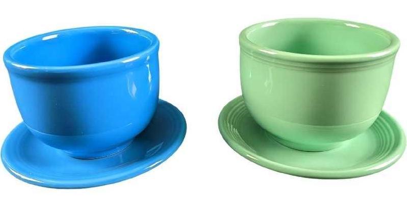 Fiestaware Chili Bowl With Saucers Green & Blue: Fiestaware Chili Bowl With Saucers Light Green & Peacock Blue. This series was released by Homer Laughlin in 1986. The saucers are approx 6" and together they weigh 1.25lb. The chili bowls are approx