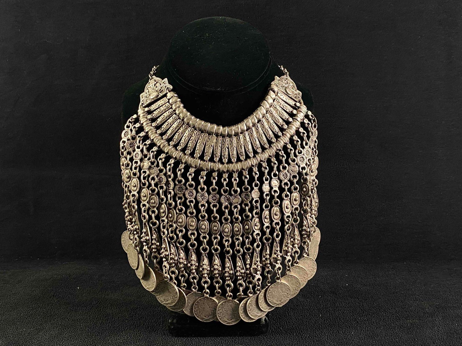 Vintage Pewter Bohemian Bib Coin Necklace: Vintage Pewter Bohemian Bib Coin Necklace 270 Grams Adjustable up to 18" All coins intact Very Good Condition