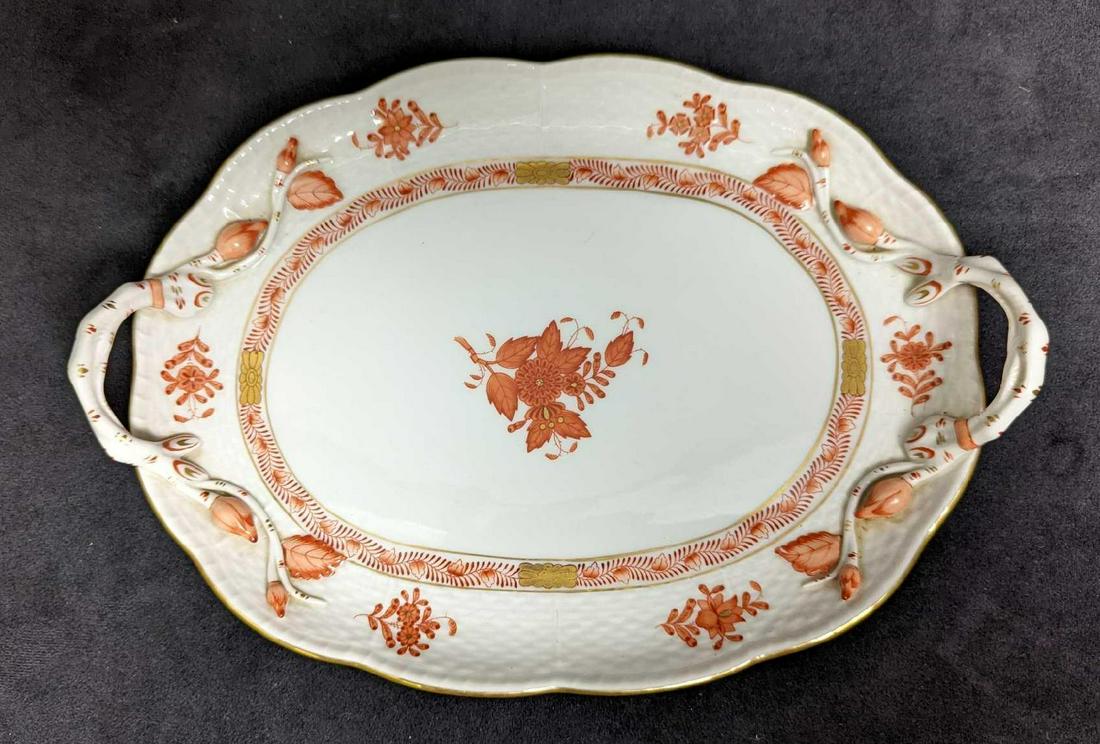 11" Herend Oval Handled Serving Platter Bouquet Rust (1 of 5)