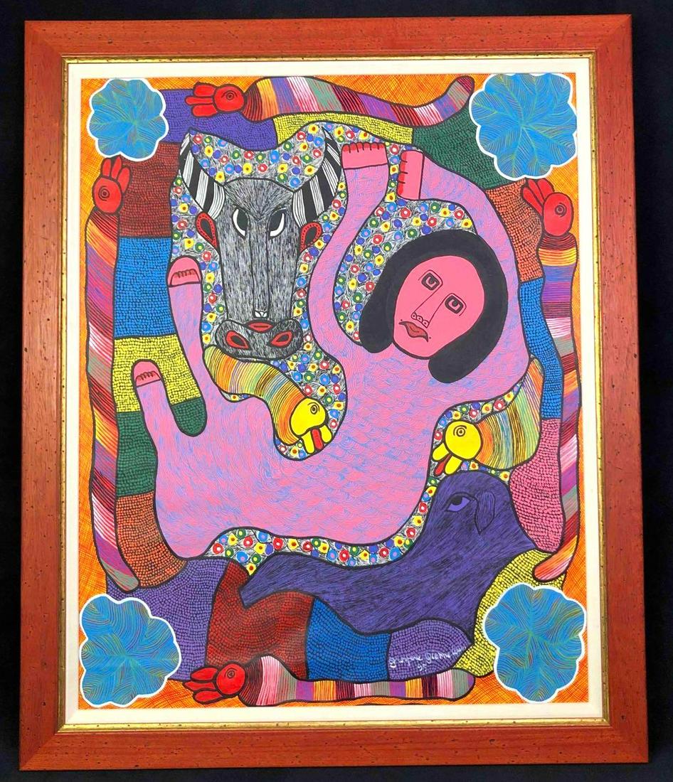 Acrylic Painting on Canvas by Prospere Pierre-Louis: This lot contains a painting by Prospere Pierre Louis done in acrylic on canvas. Louis was a Haitian artist who got inspiration from the mystical voodoo loa's and spirit legends. The frame is approx 3