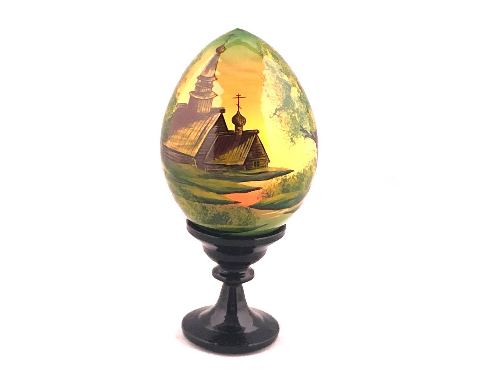Vintage Russian Artist Signed Hand Painted Black Lacquer Wood Egg (1 of 6)
