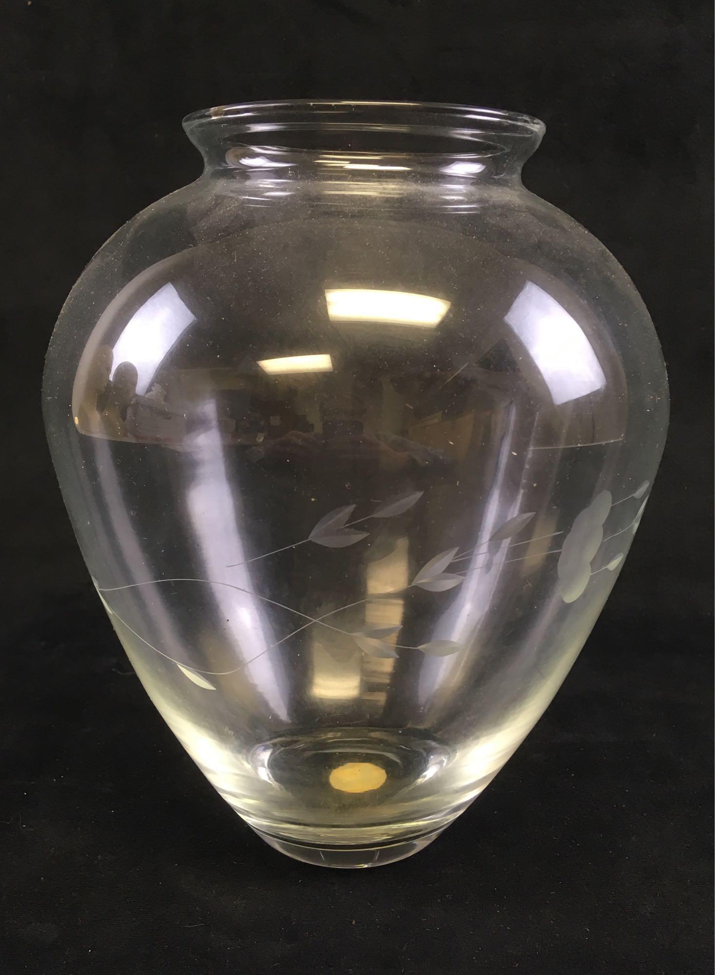 Hand Blown and Etched Clear Glass Vase (1 of 5)