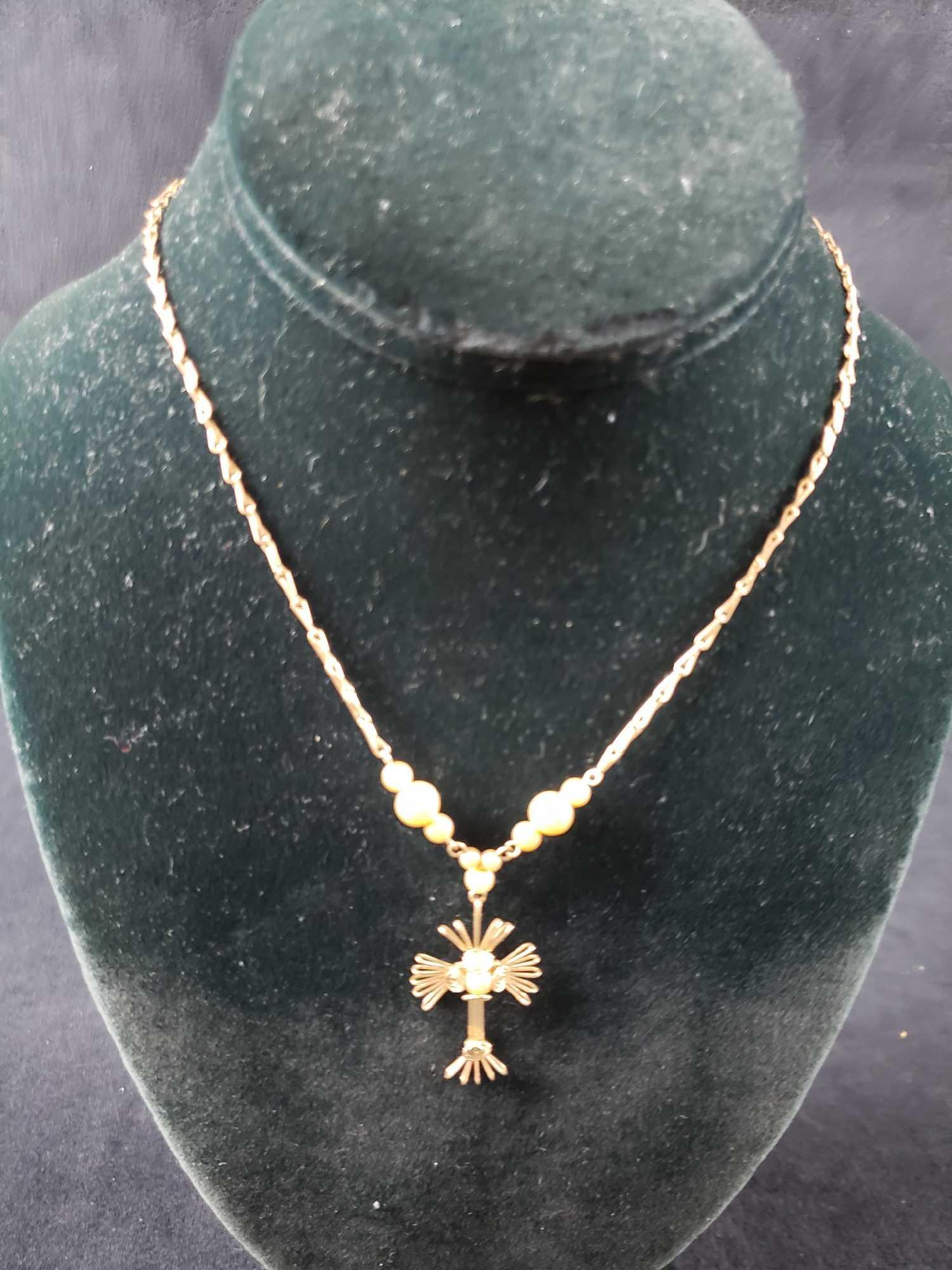 Gold Colored Crucifix Necklace with Faux Pearls Lot 2 (1 of 5)