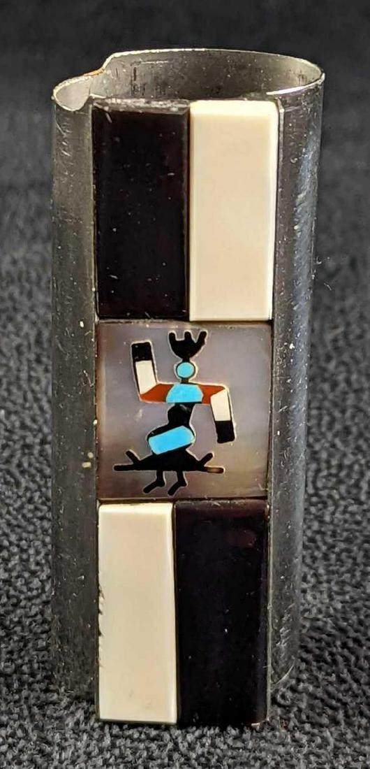 Unique Vintage Lighter Cover Dancer Fits Bic Lighter: Unique Vintage Silver Plate Lighter Cover Dancer Fits Bic Lighter. Has an interesting little mosaic dancer made of onyx, mother of pearl, and turquoise. The case is approx 1" x 1/2" x 2 3/4" and it we