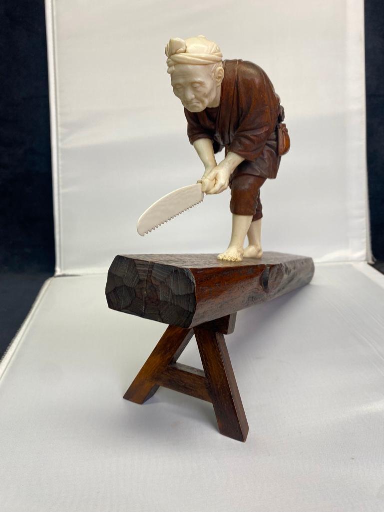 Meiji Era Okimono Carved Bone Wood Cutter: Meiji Era Okimono Carved Bone Wood Cutter Detailed Okimono from Meiji Era (1868-1912) Japan, depicting a man sawing a piece of wood. The man's clothes are made of boxwood, with his legs, feet, arms, h