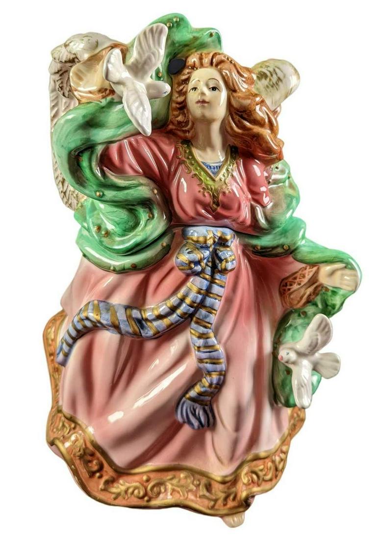 Vintage Mercuries Ceramic Angel W Doves Cookie Jar: Vintage Mercuries Ceramic Angel With Doves Cookie Jar. Is approx 8" x 8" x 12" and it weighs 3lbs. The cookie jar is in a good, vintage condition with some markings and two chips on the head. Please s