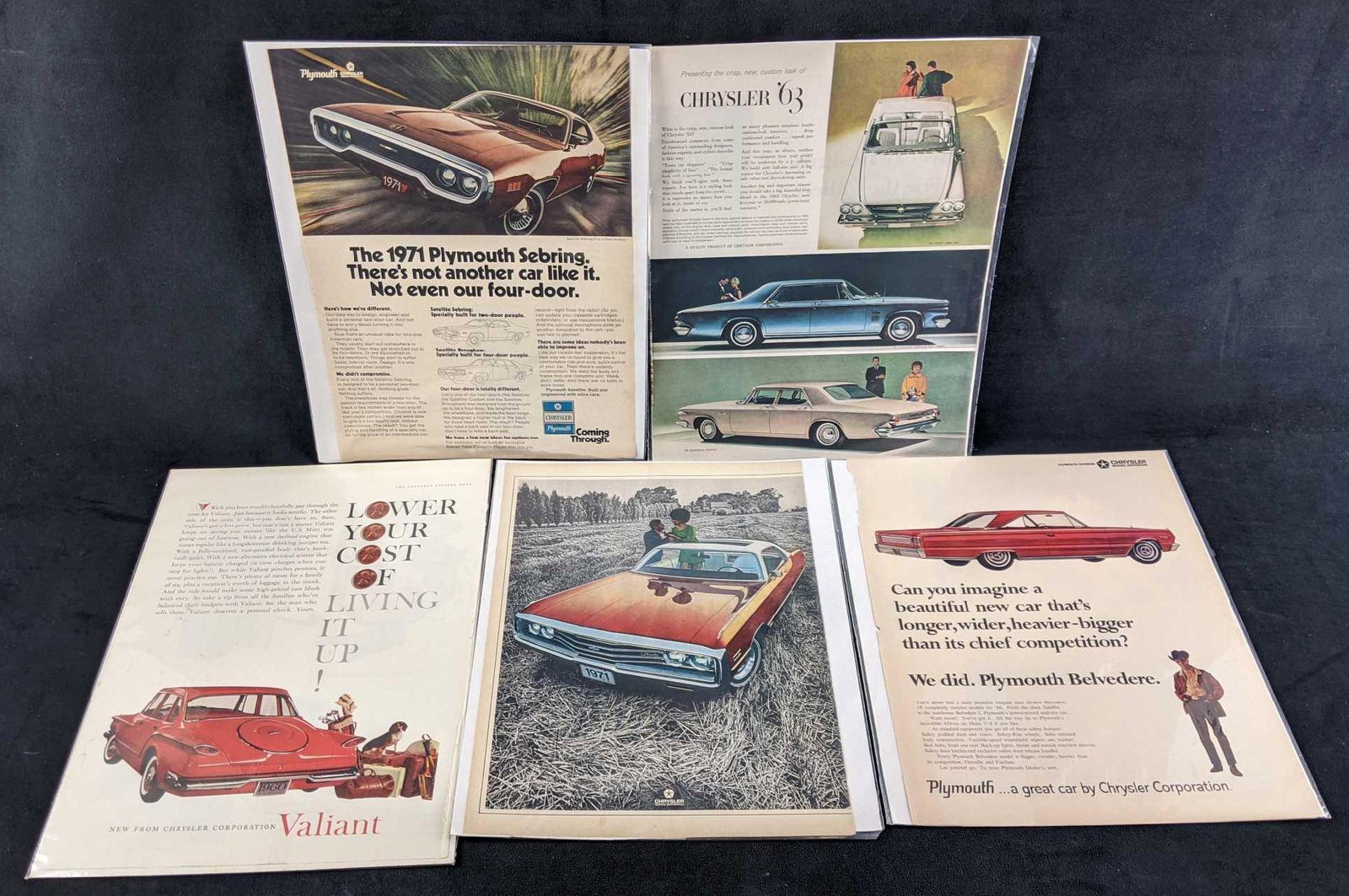 Vintage Chrysler Magazine Advertisements: Vintage Chrysler Magazine Advertisements This lot has five Chrysler magazine advertisements showcasing models such as the Plymouth, Valiant, or just the overall carmaker Chrysler. These ads are from t