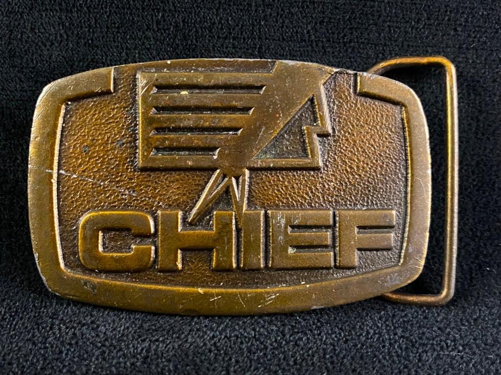 Vintage Chief Industries Belt Buckle 1977: Vintage Chief Industries Belt Buckle Bronze belt buckle featuring the logo for Chief Industries. The buckle was made by Indiana Metal Craft. In good condition, with no known damage. Approximate size: 