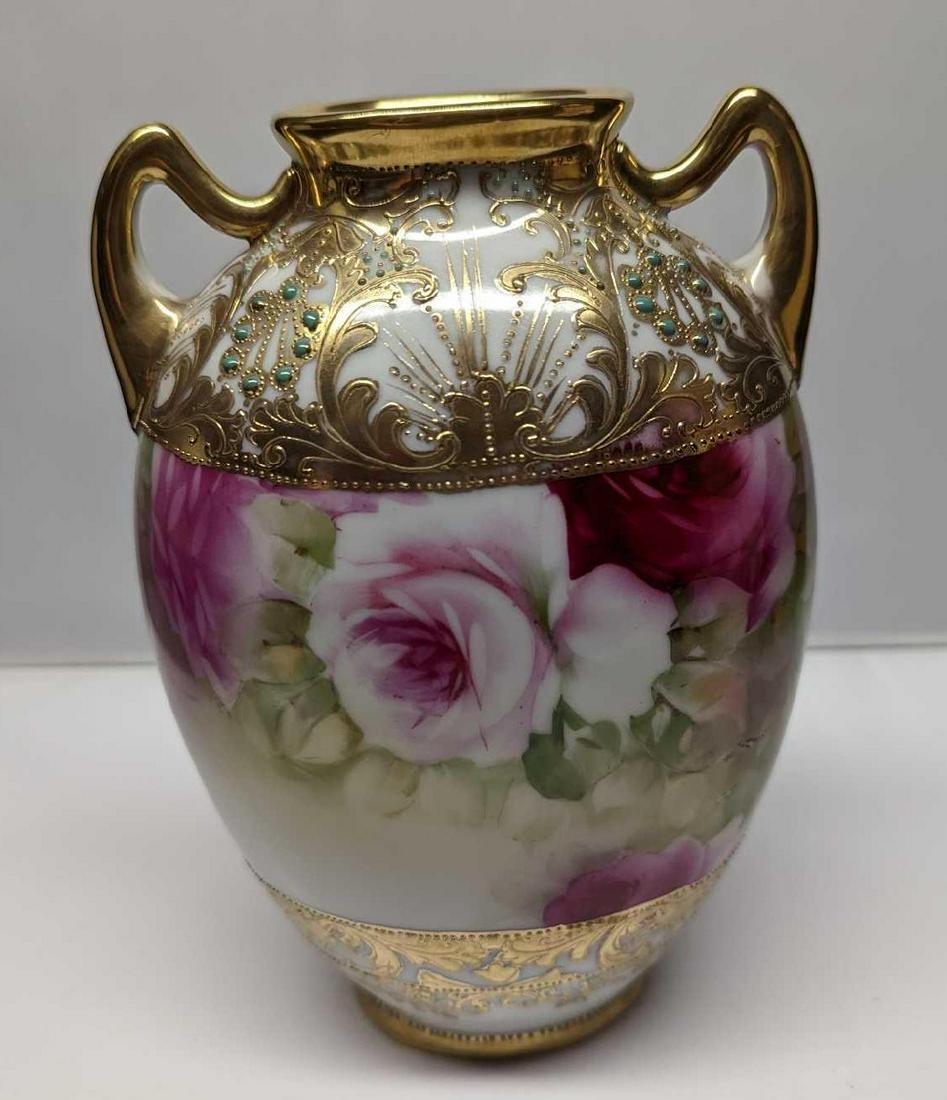 Hand Painted Nippon Roses Gold Trim Vase: Hand-Painted Nippon Roses Gold Trim Vase. Is approx 5" x 3 1/2" x 7" and it weighs 1.05 lbs. The vase is in good, vintage condition with no chips or cracks. There is some wear on the top and color los