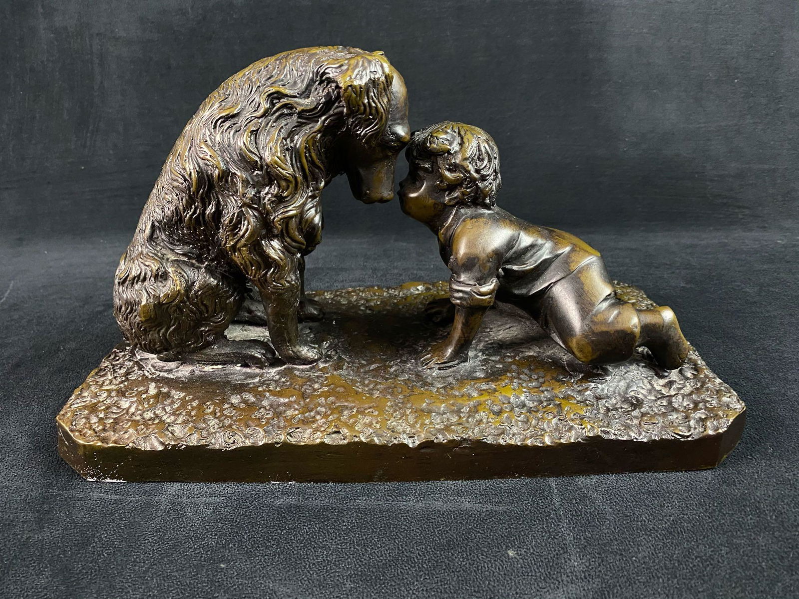 Large Antique Pot Metal Sculpture of a Boy & Dog by H. Adon (1 of 7)