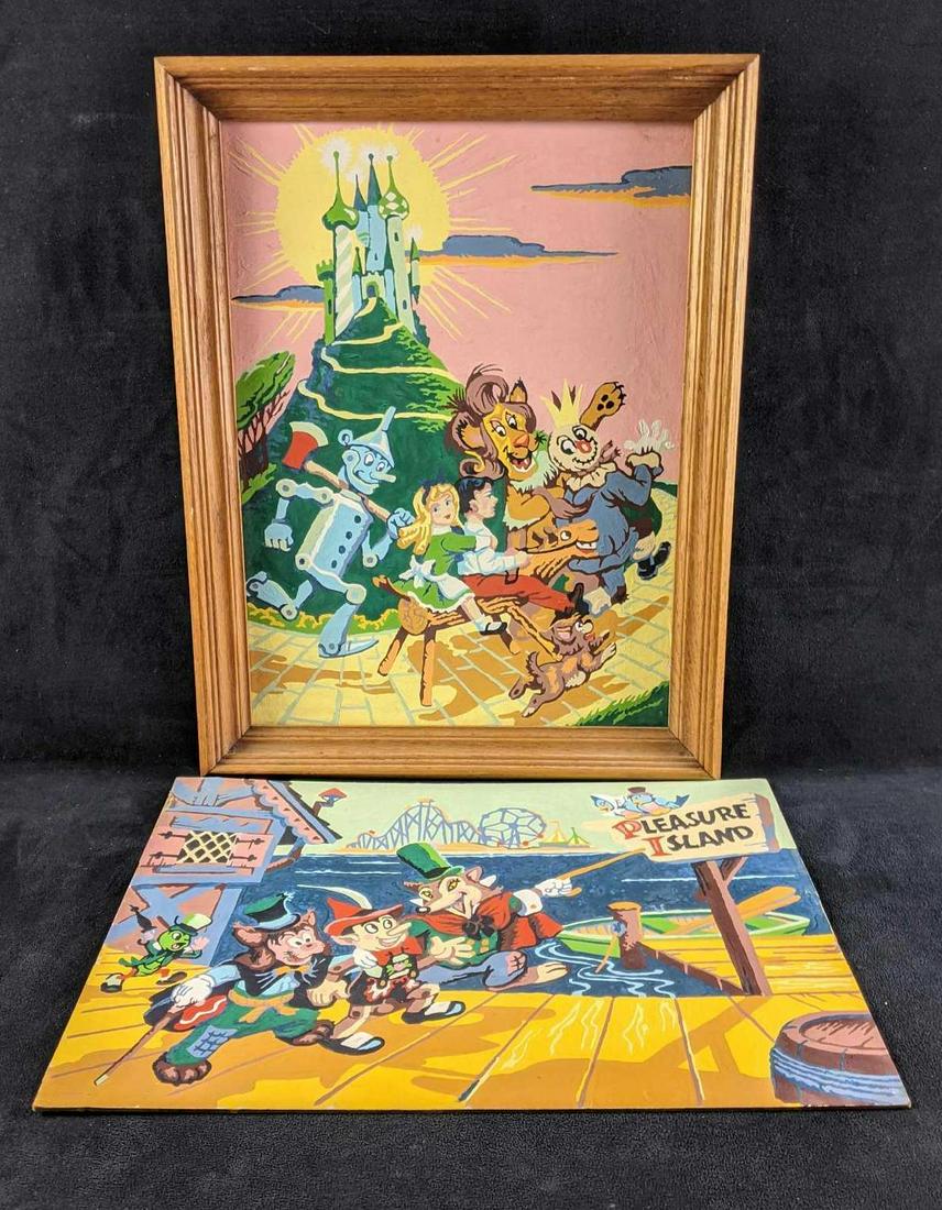 Vintage Pinocchio Wizard of Oz Complete Paintings: Vintage Pinocchio Wizard of Oz Complete Paintings This lot has two expertly completed paint by number pieces. These are done on board with one painting framed. They have minor age wear but no major da