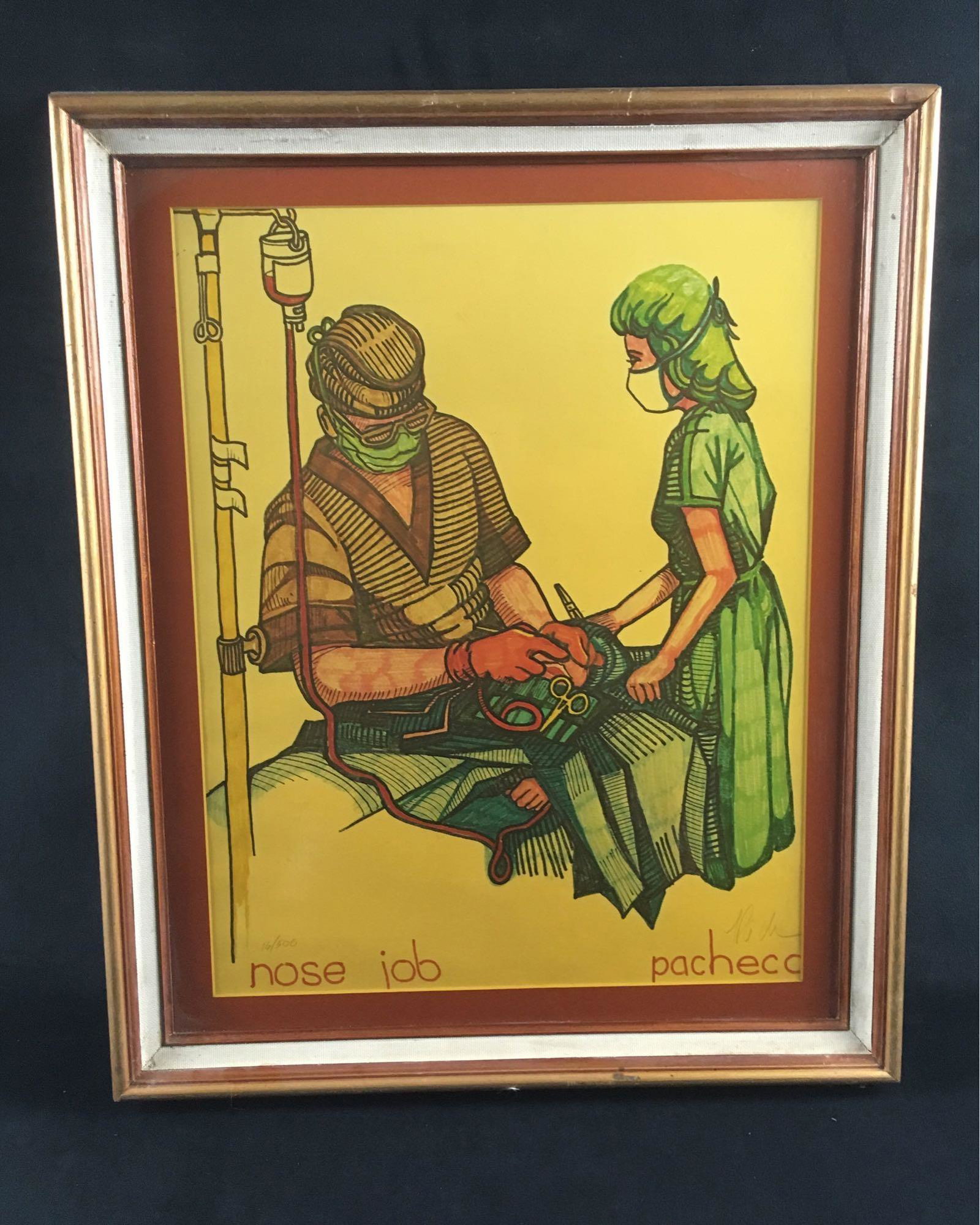 Numbered and Signed Lithograph Print, Nose Job by The Fight Doctor Ferdie Pacheco: Numbered and Signed Lithograph Print, Nose Job by The Fight Doctor Ferdie Pacheco; this print is matted and framed behind non-glare acrylic. The certificate of authenticity is attached to the reverse,