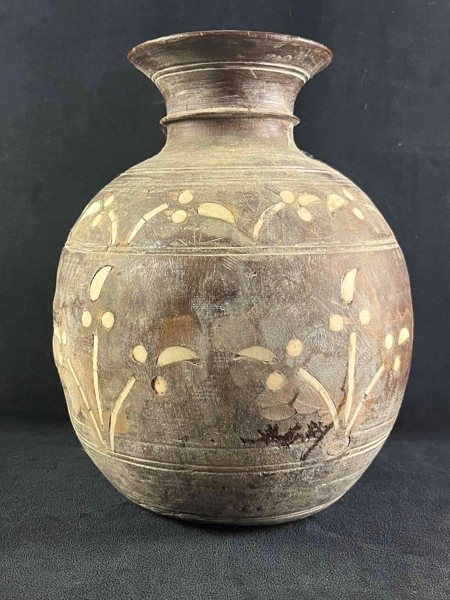 Wood Carved Vase with White Shell Inlay (1 of 8)