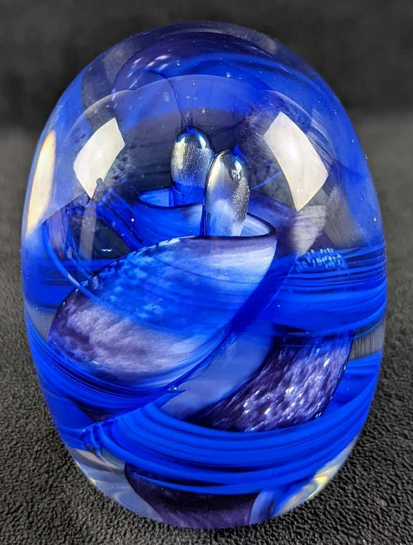 Signed Swirled Cobalt Blue Egg Shaped Paperweight (1 of 6)