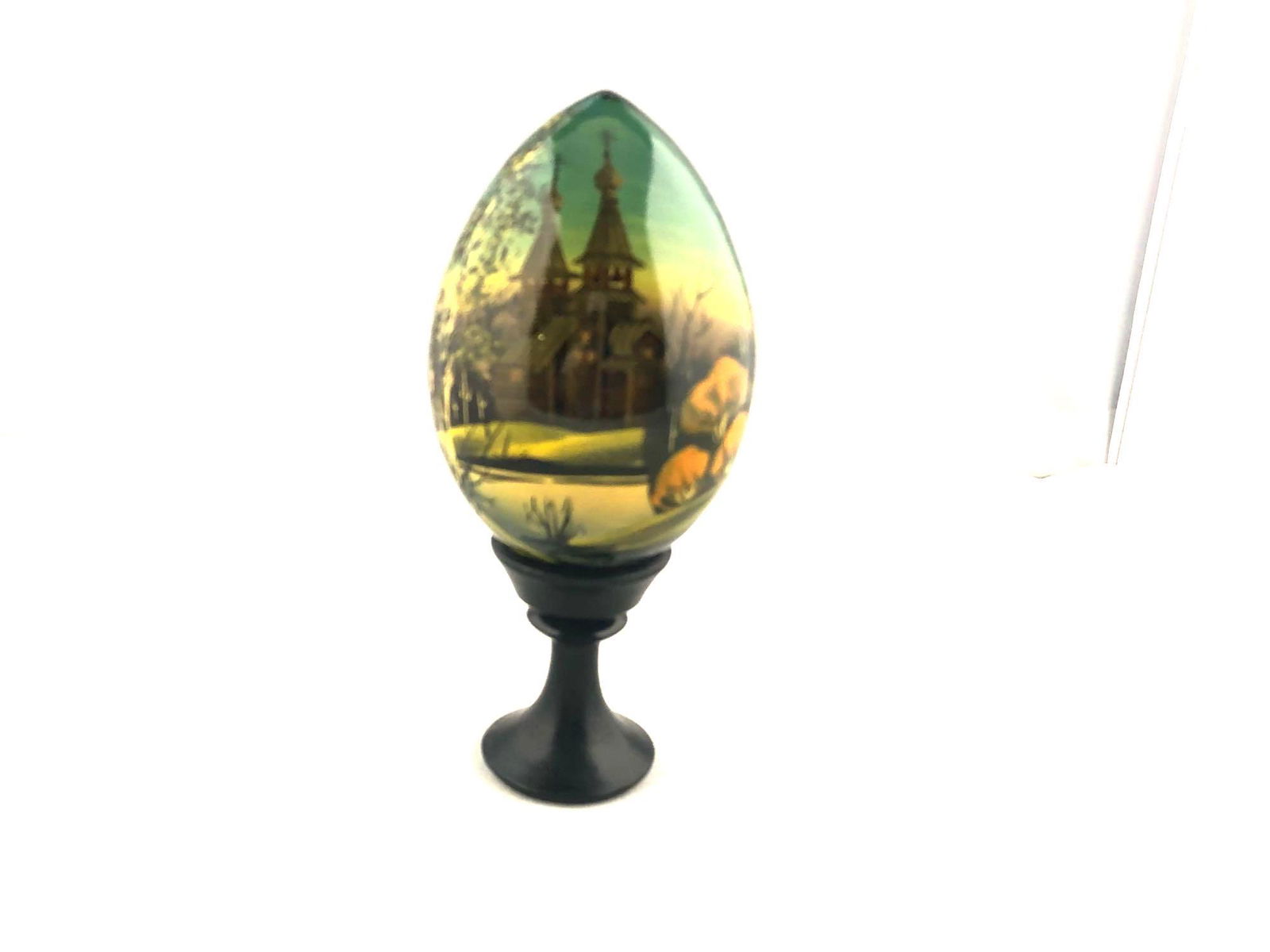 Vintage Russian Artist Signed Hand Painted Black Lacquer Wood Egg & Stand (1 of 5)