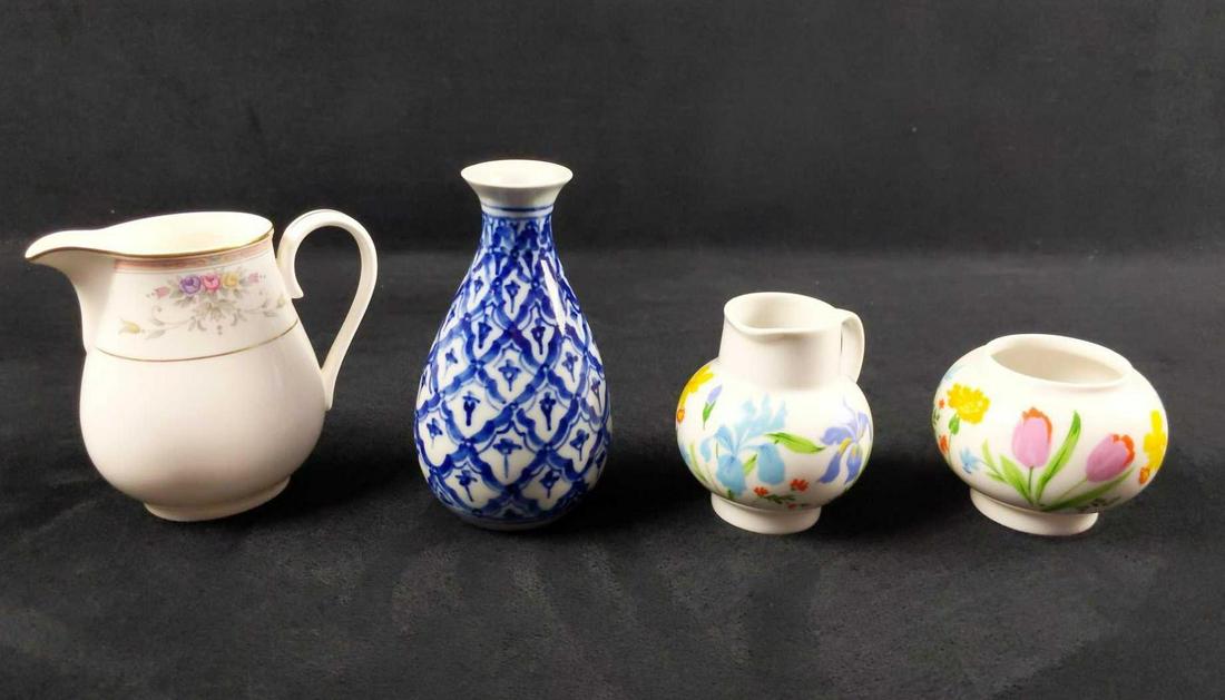 Vintage Bone China Ceramic Lot Of 4 Creamer Planter: This lot includes: (1) Spring Crest Bone China Creamer By Christopher Stuart. Is approx 4" x 3" x 4". Is in good, vintage condition with some markings inside. (1) Blue And White Hand Painted Ceramic B