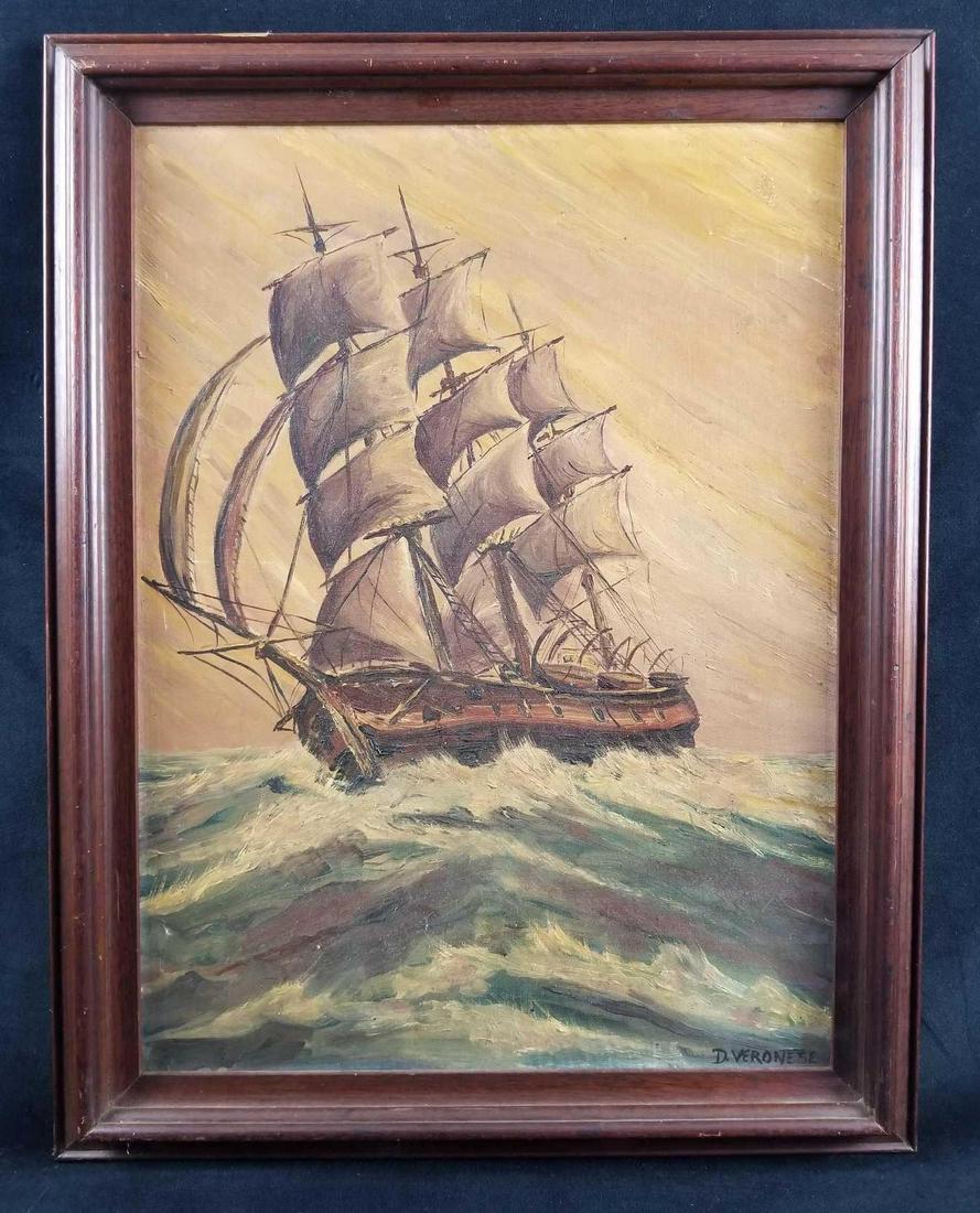 Original Vintage Acrylic Ship Painting by D Vernonese: This original acrylic painting of a ship with strong waves is by an artist named D. Vernonese. This painting is in good used condition and may have some discoloration from age and some chips,scuffs on