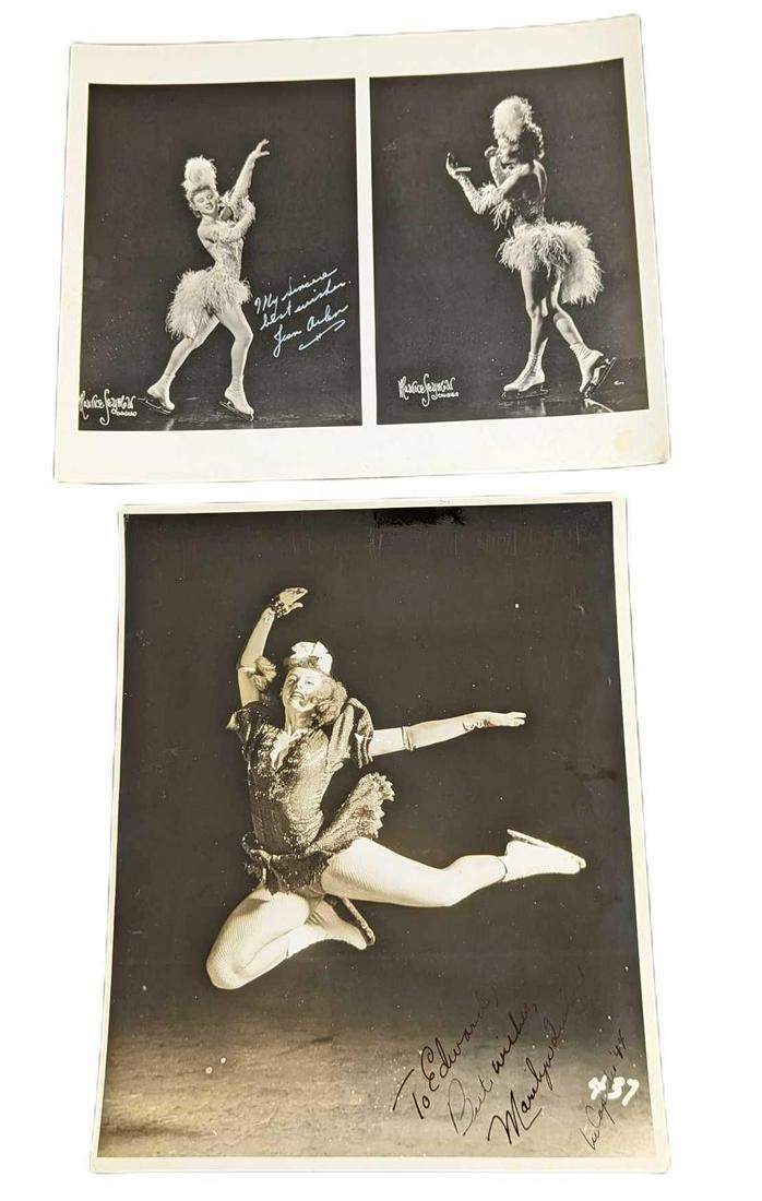 Two Vintage Female Ice Skater Autographed Photos: This lot consists of: (1) Jean Arlen. (1) Marilyn Quinn. The photos are approx 8" x 10" and together they weigh 0.04lb. The photos have creases due to age and storage. Please note, this does not come