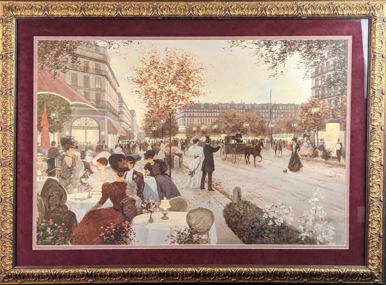 Framed Christa Kieffer Paris in the Evening Lithograph: Framed Christa Kieffer "Paris in the Evening" Lithograph. Estate/copied signature. Framed print is approx 39" 1/2" x 2" x 29". The print is approx 31" x 20 1/2". Framed print is in a good, used condit