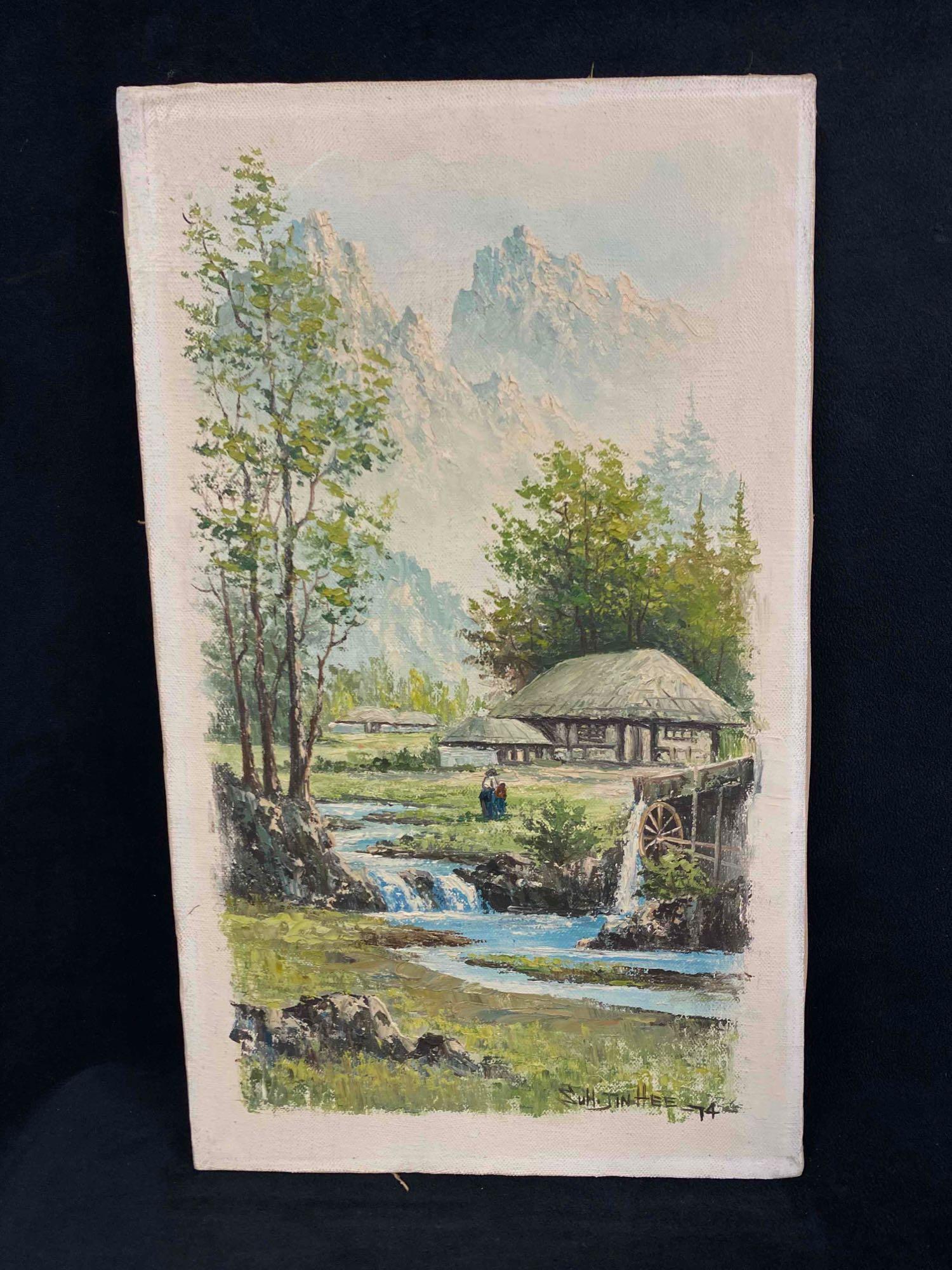Vintage SUH JIN HEE Original Oil Signed Oil Landscape Painting: Vintage SUH JIN HEE Original Oil Signed Oil Landscape Painting 16 x 9.5 11 oz In good condition No rips or dents in canvas Artist Signed Original