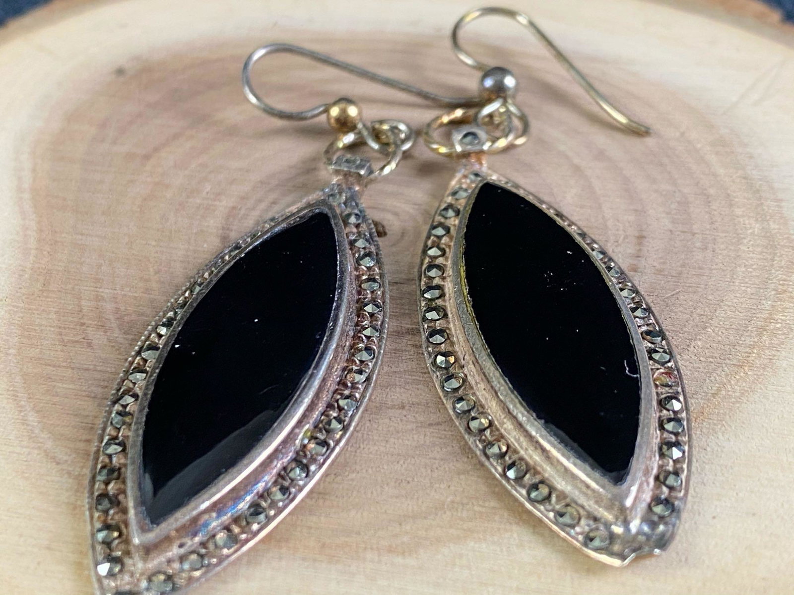 Vintage Sterling Silver Onyx & Marcasite Drop Earrings (1 of 7)