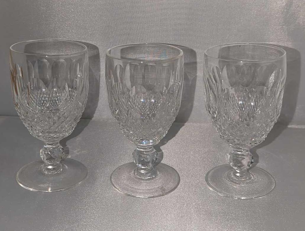 Three Waterford Claret Wine Colleen Short Stem Glasses: Three Waterford Claret Wine Colleen Short Stem Glasses. These were released from 1968 - 2018. Each crystal glass is approx 2 1/2" x 2 1/2" x 4 3/4" and together they weigh 1.54lbs. Each glass is in a 