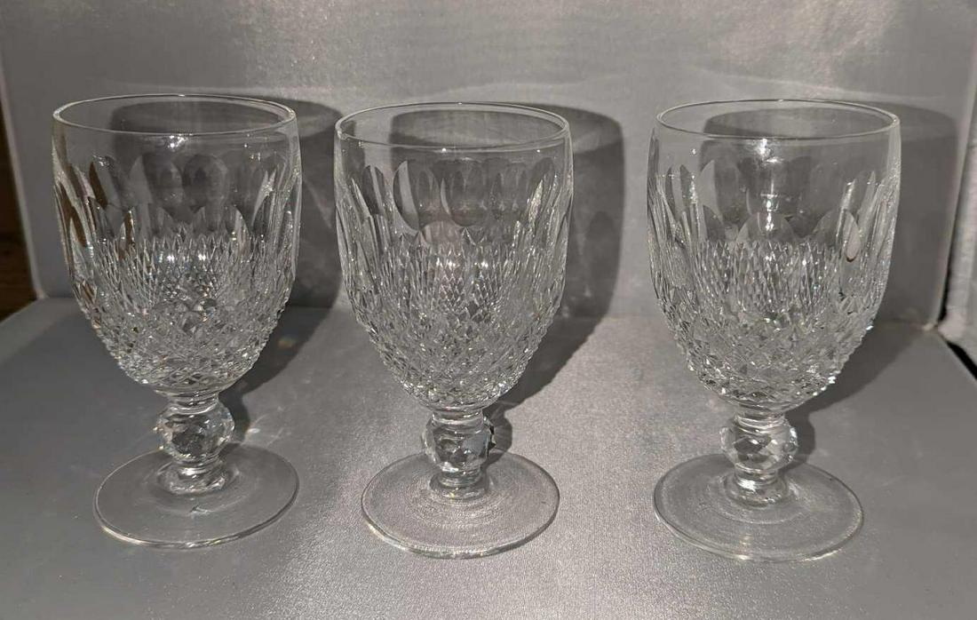 Three Waterford Claret Wine Colleen Short Stem Glasses: Three Waterford Claret Wine Colleen Short Stem Glasses. These were released from 1968 - 2018. Each crystal glass is approx 2 1/2" x 2 1/2" x 4 3/4" and together they weigh 1.54lbs. Each glass is in a 