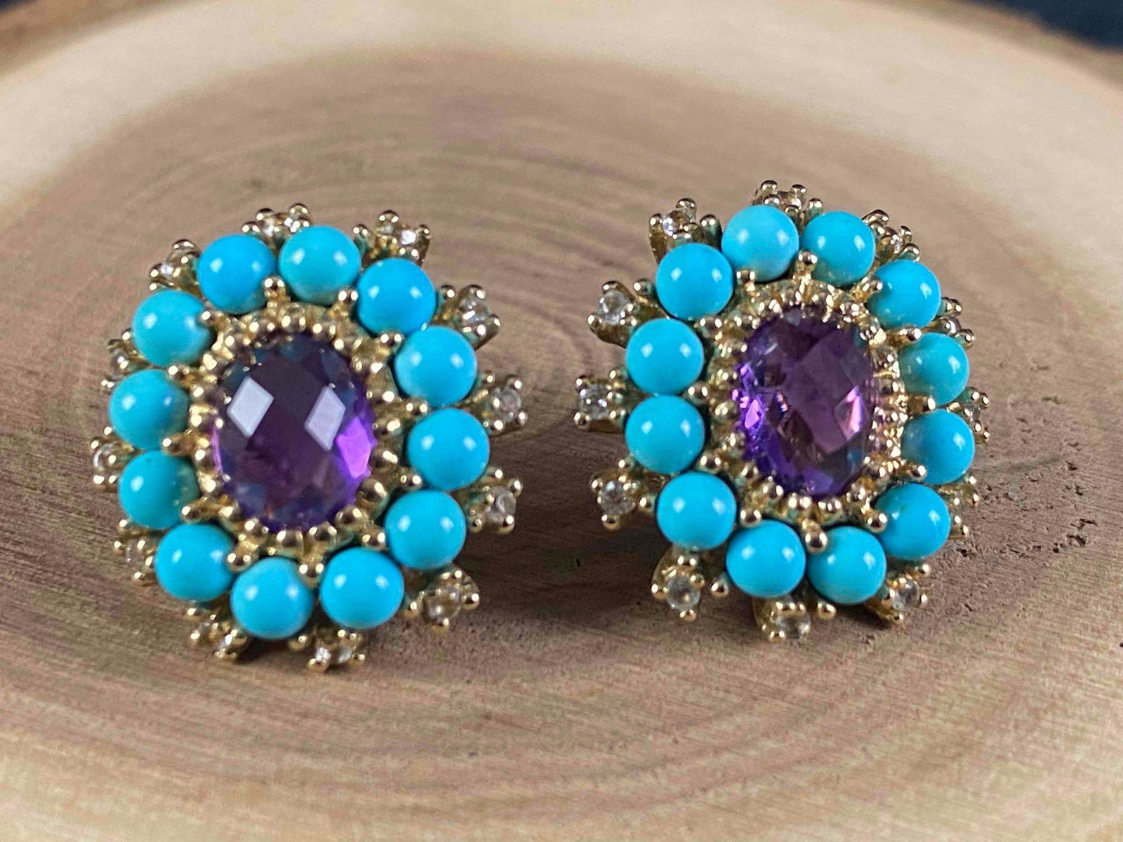 Southwestern 10K Gold Natural Turquoise Amethyst Diamond Earrings (1 of 11)