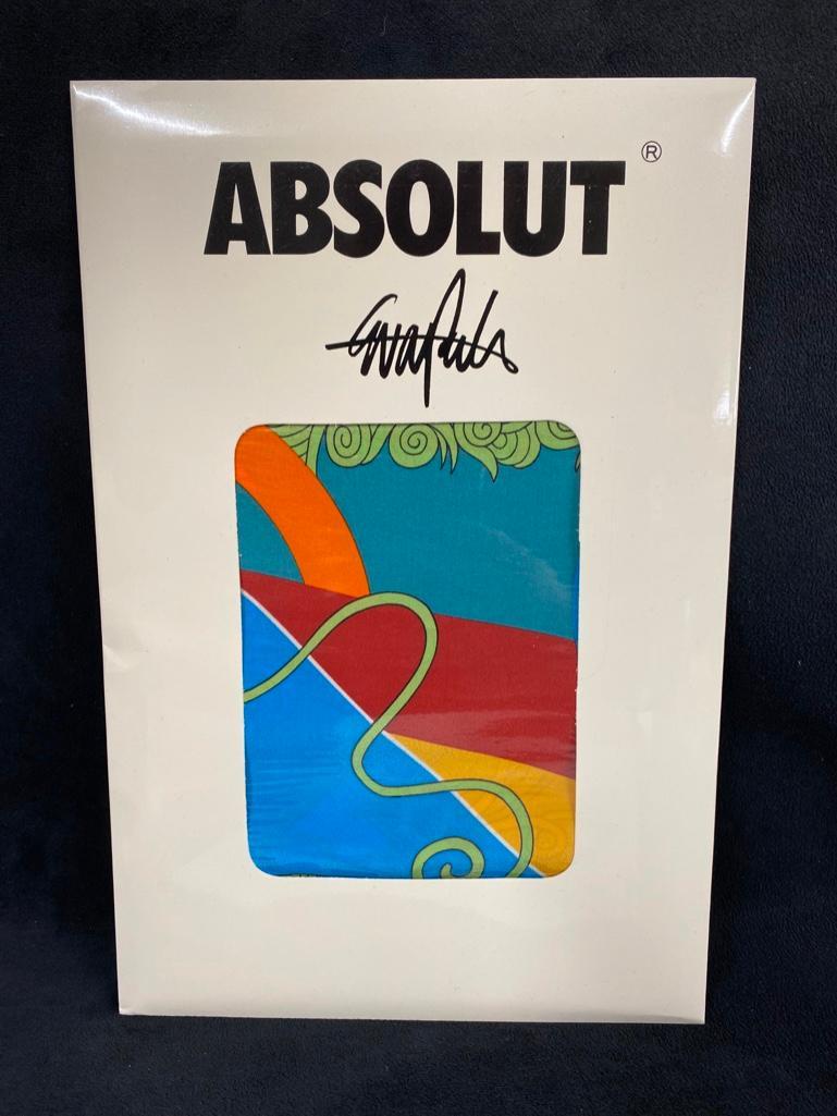 Absolut Vodka Rare Silk Scarf New in Packaging: Absolut Vodka Rare Silk Scarf New in Packaging Vintage 100% silk scarf by Evan Polenghi, for Absolut Vodka in the 1990s. This silk scarf is still in the original packaging, and has never been used or 