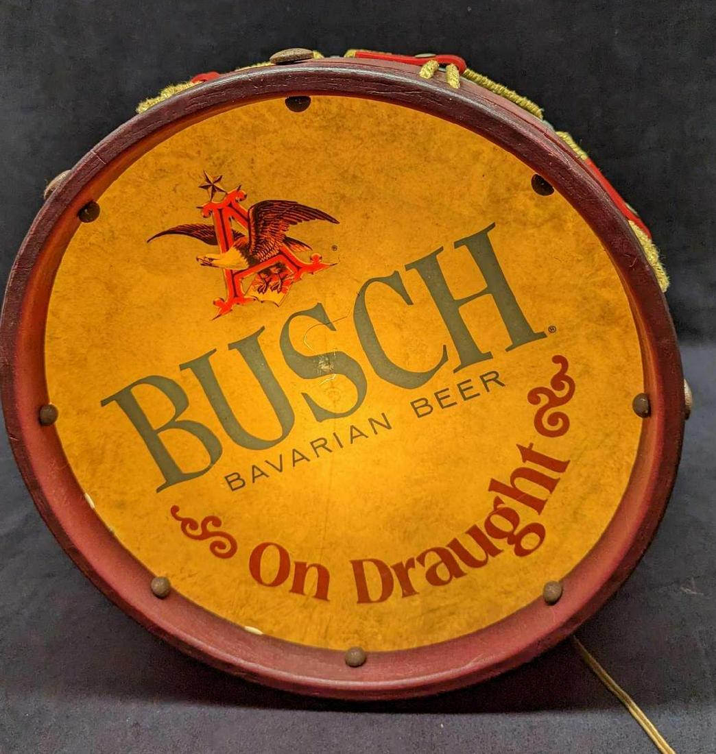 Vintage Busch Bavarian Beer Light Up Bar Sign: Vintage Busch Bavarian Beer Light Up Bar Sign. This is approx 12 3/4" x 5" x 13" and it weighs 2.5 lbs. The drum is in good, vintage condition with a crack in the middle and some scratches. The drum i