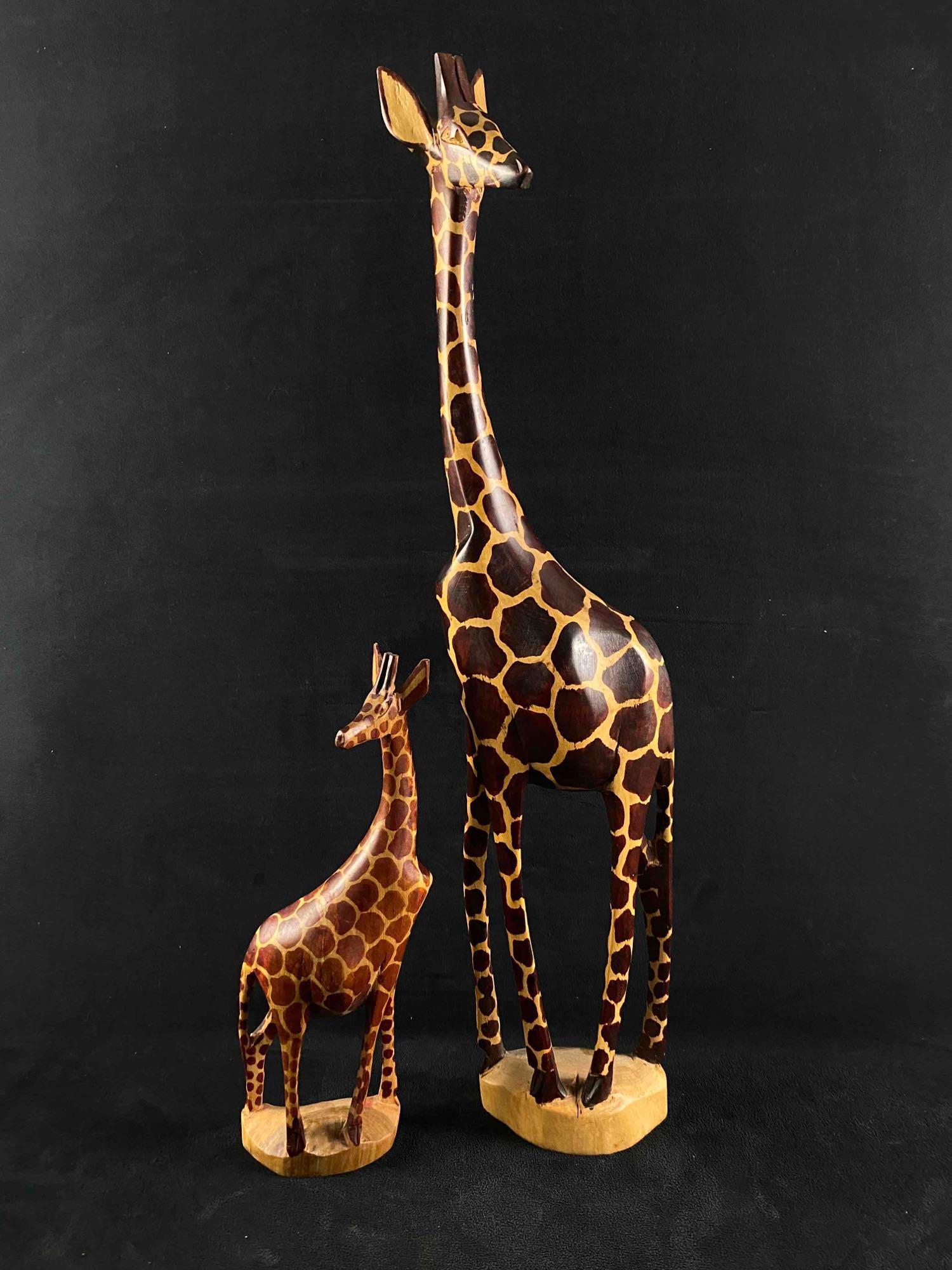 Hand Carved African Wood Giraffe Mother & Calf Statues (1 of 10)