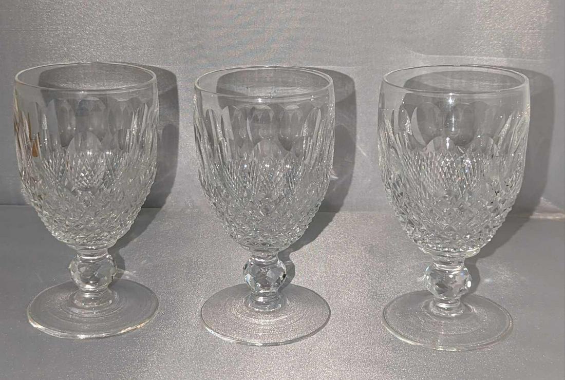 Three Waterford Claret Wine Colleen Short Stem Glasses: Three Waterford Claret Wine Colleen Short Stem Glasses. These were released from 1968 - 2018. Each crystal glass is approx 2 1/2" x 2 1/2" x 4 3/4" and together they weigh 1.54lbs. Each glass is in a 