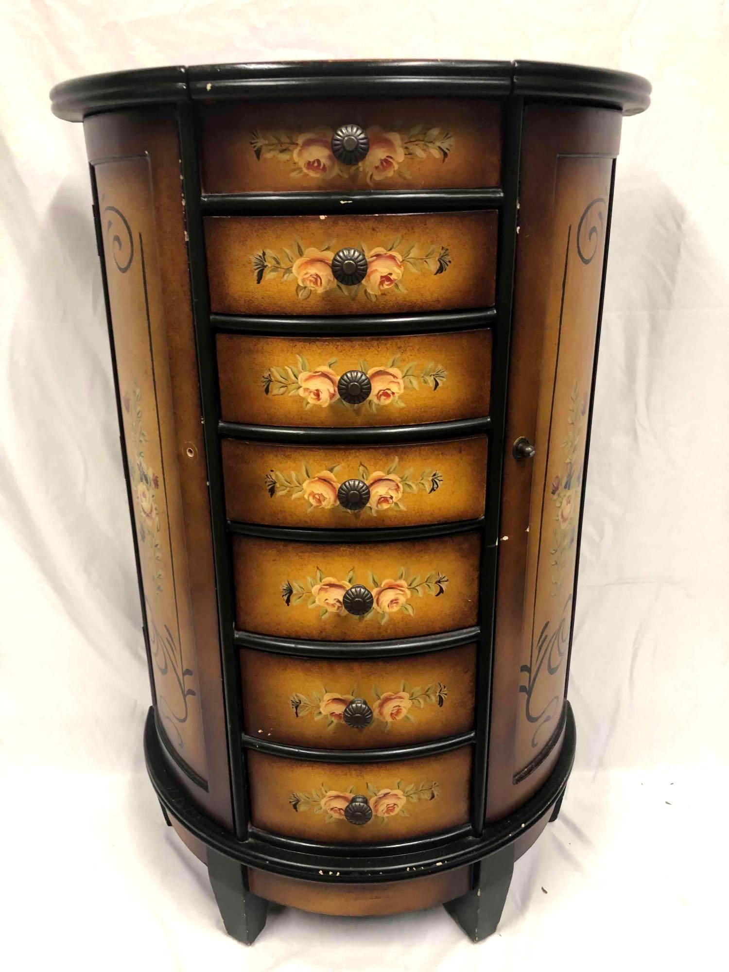 Unique 6 Drawer Jewelry Chest With Flower Design: This lot contains a unique 6 drawer jewelry chest with a beautiful flower design. Made in China. It is approx 22" x 11" x 34 1/2" and weighs about 46lbs. There are a few scrapes and a nob missing on t