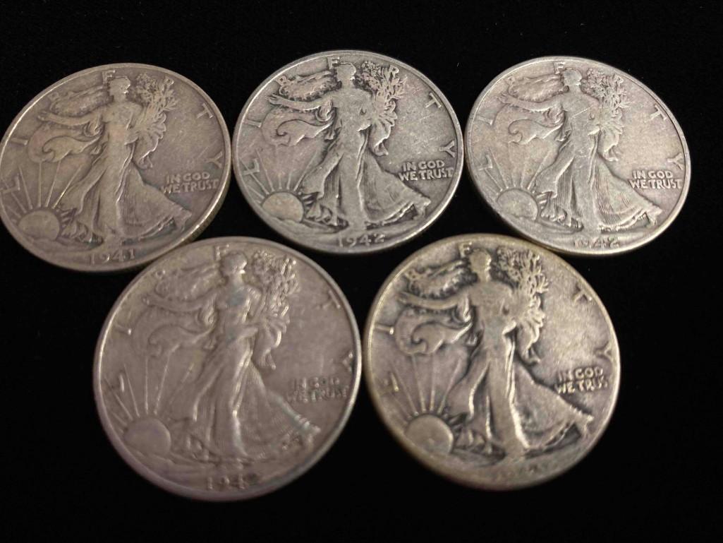 Lot Of 5 Mixed Dates 90% Silver Walking Liberty Half Dollars (1 of 2)