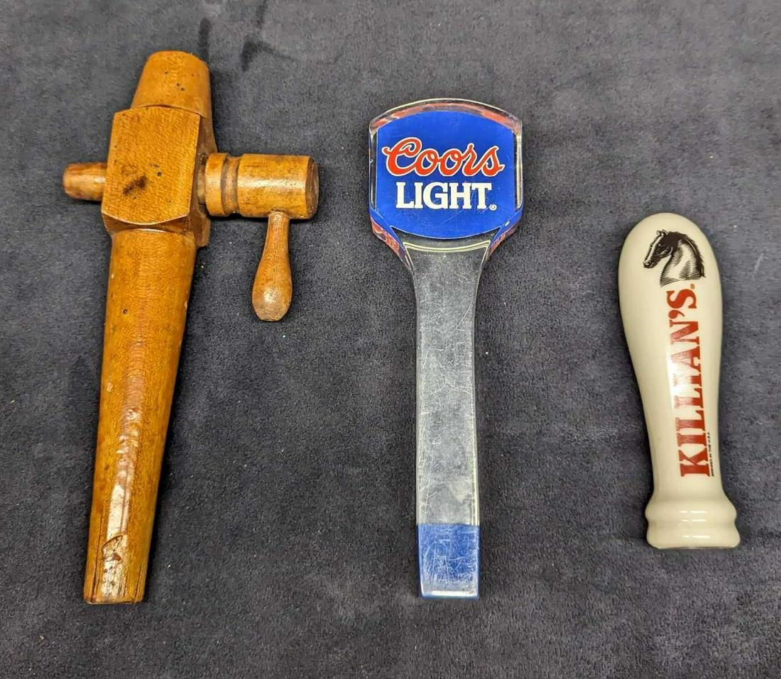 Coors Light Killian's & Vintage Wooden Bar Taps Handles: Coors Light Killian's & Vintage Wooden Bar Taps Handles. This lot includes: (1) Vintage Wooden Beer Tap. This is approx 5" x 1 1/2" x 9 3/4" and it weighs 0.36lb. This has some markings and chips. (1)