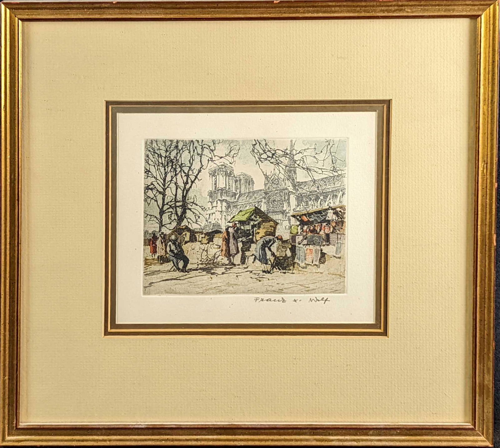 Framed Vintage Colored Notre-Dame Etching (1 of 5)